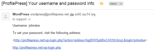 Email sent to new users by WordPress.