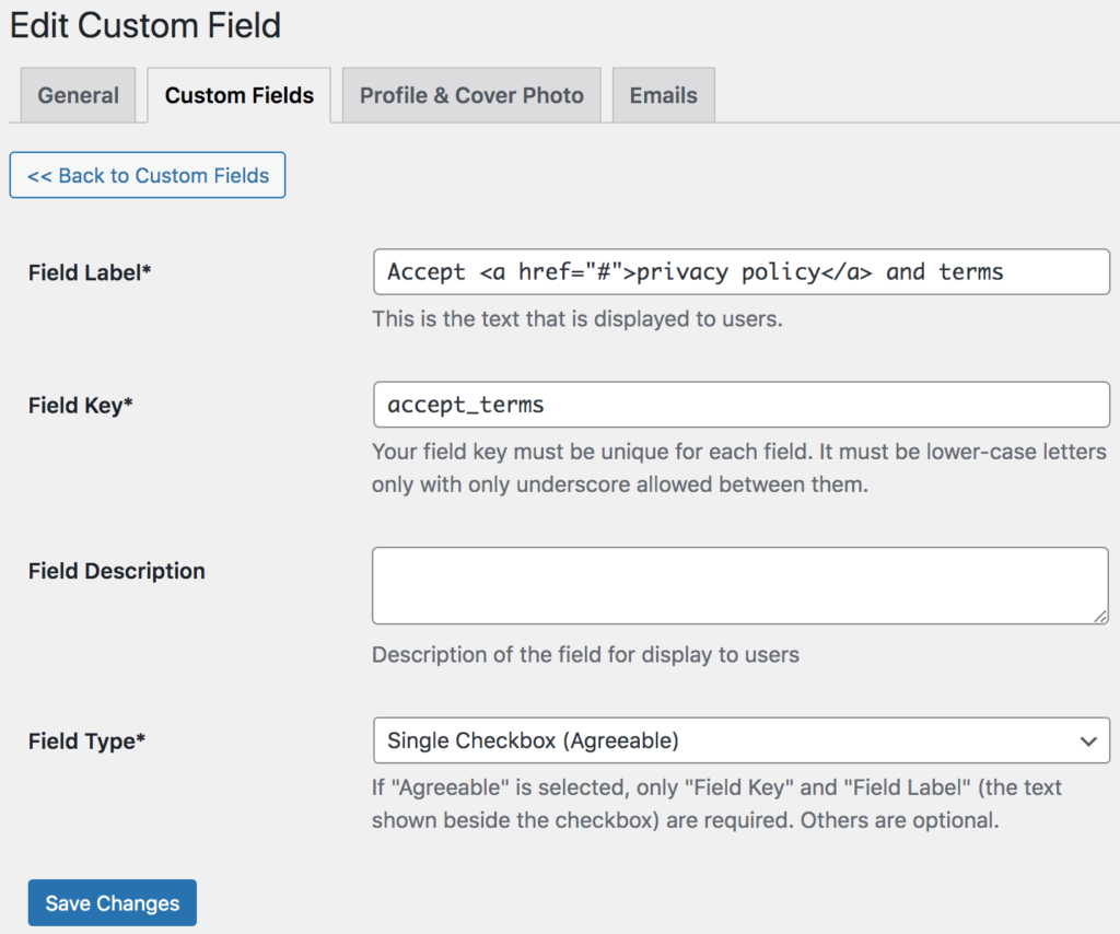 Adding accept terms and condition checkbox field