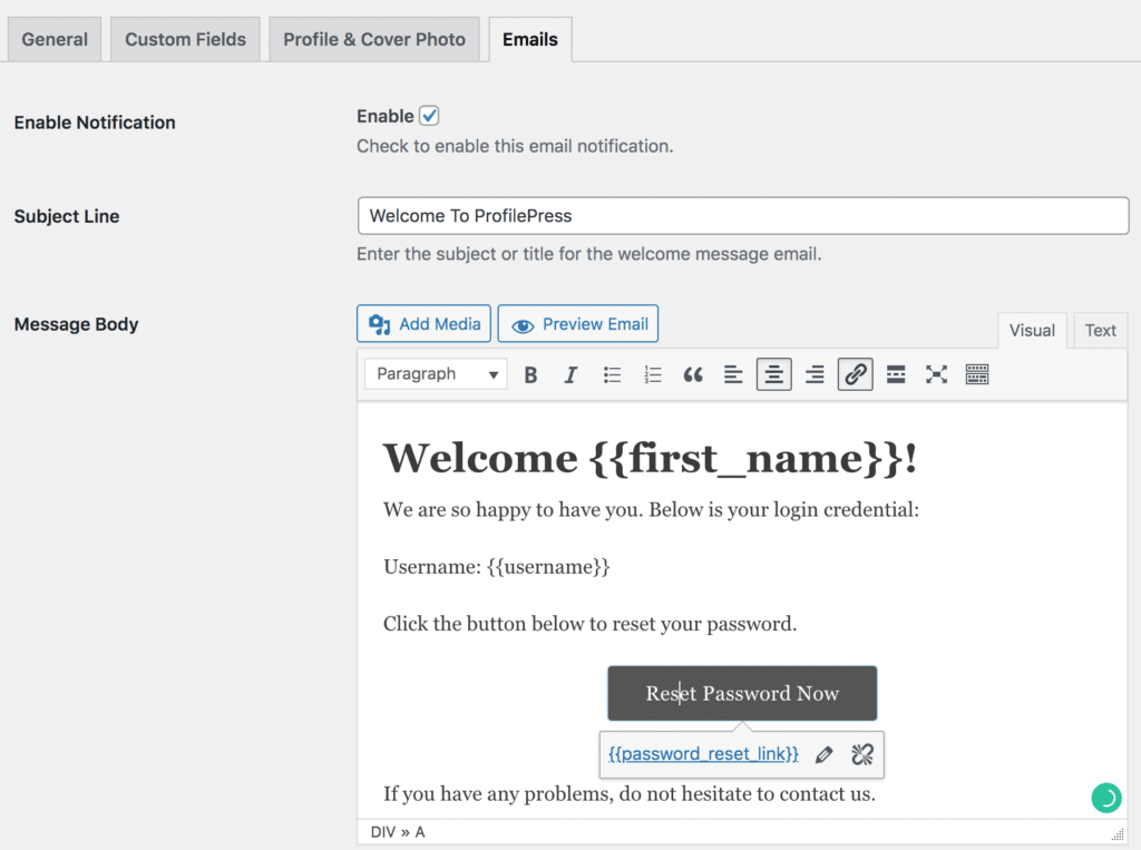 WordPress welcome email customizer