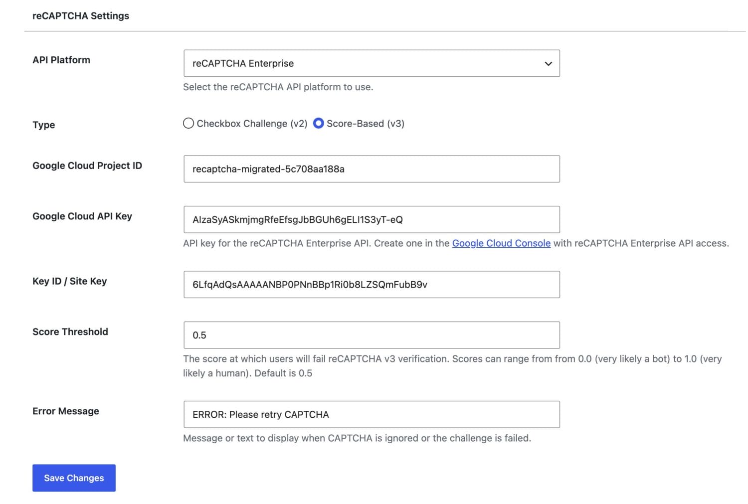 reCAPTCHA settings for WordPress in ProfilePress