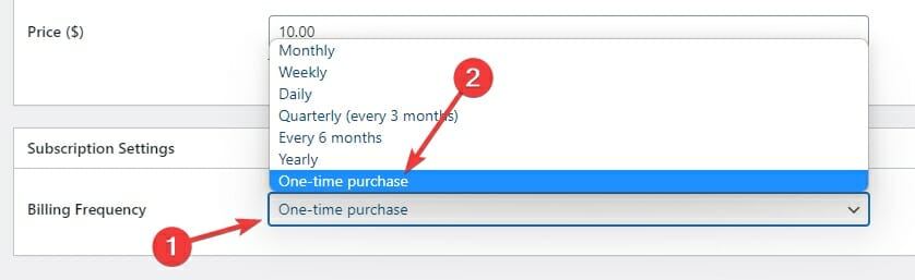 select one-time purchase as the billing frequency