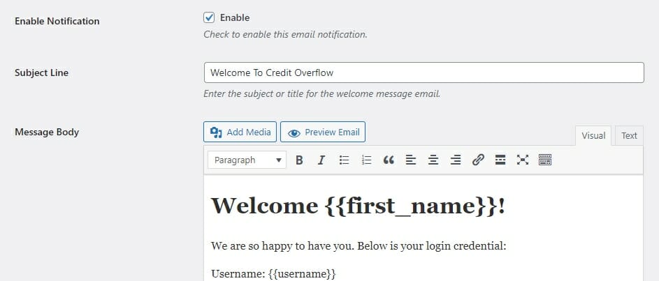 Enable or disable, and edit the subject line
