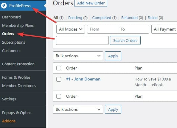 Orders Page Navigation