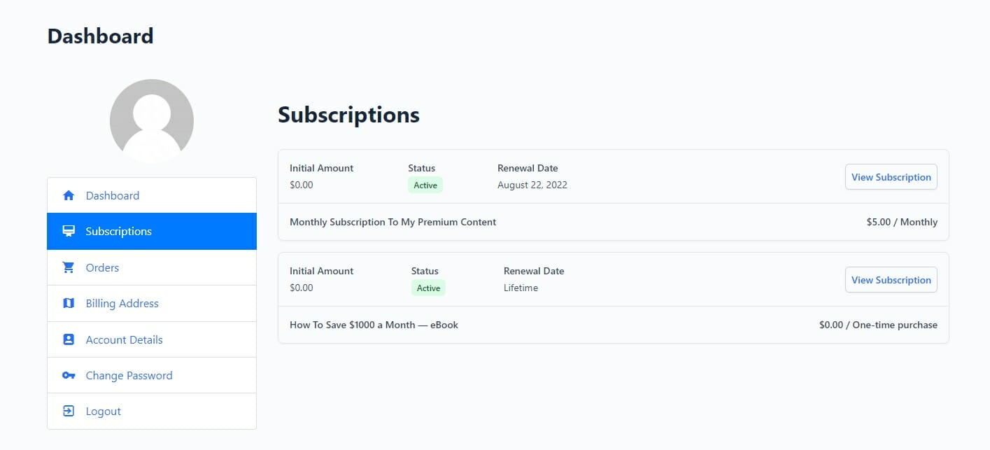 My Account Subscriptions Section