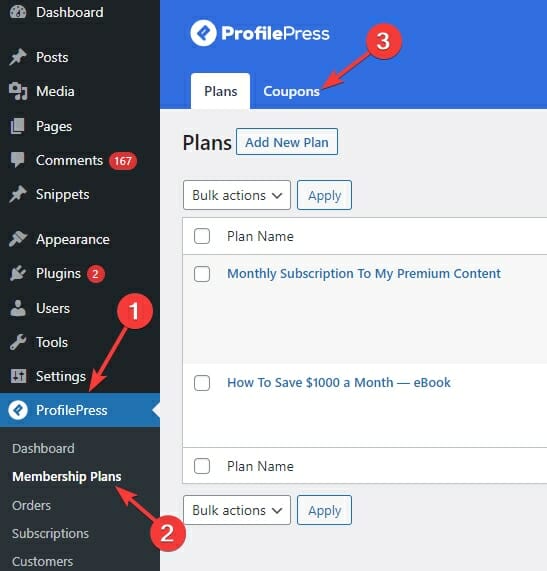 Coupons Tab Under The Membership Plans Section of ProfilePress