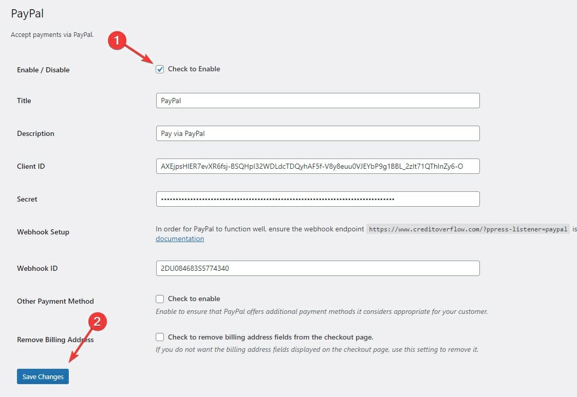 Click the Enable checkbox and click Save Changes