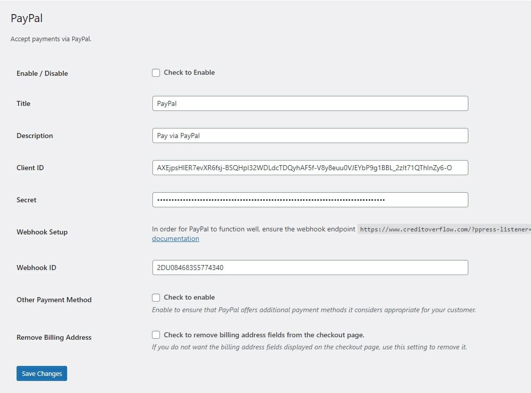 Paste the webhook ID in PayPal integration settings and click the Save Changes button