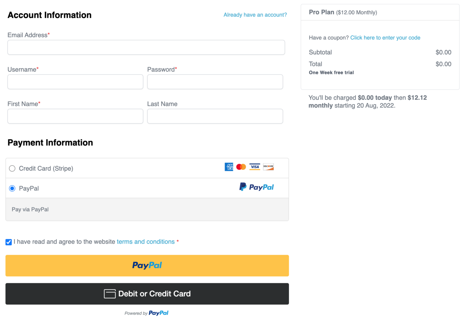 WordPress membership plugin checkout