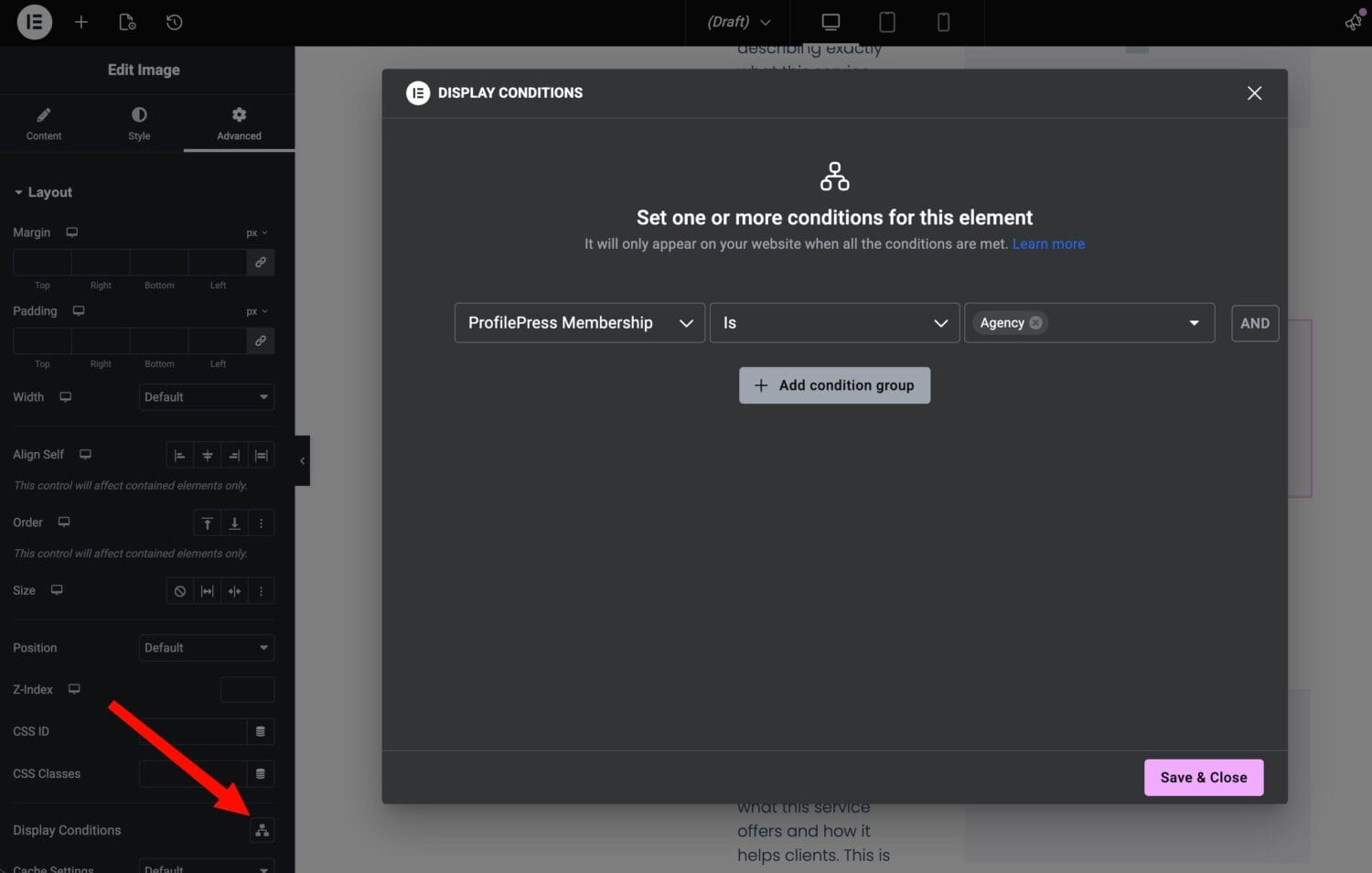 Elementor display conditions