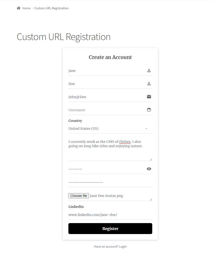 Custom registration form