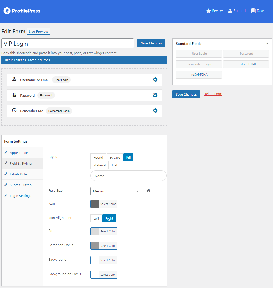 Login form configure settings