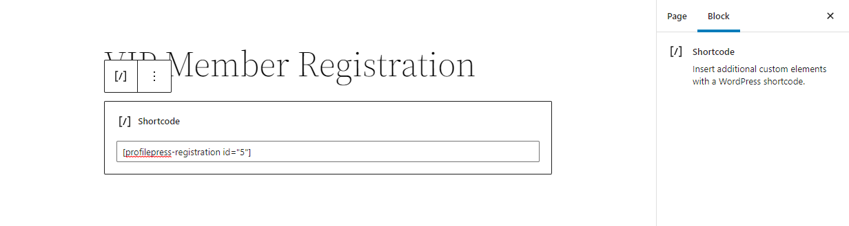 Registration page shortcode