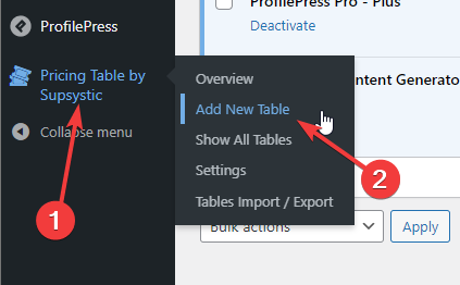 Navigate to add new table