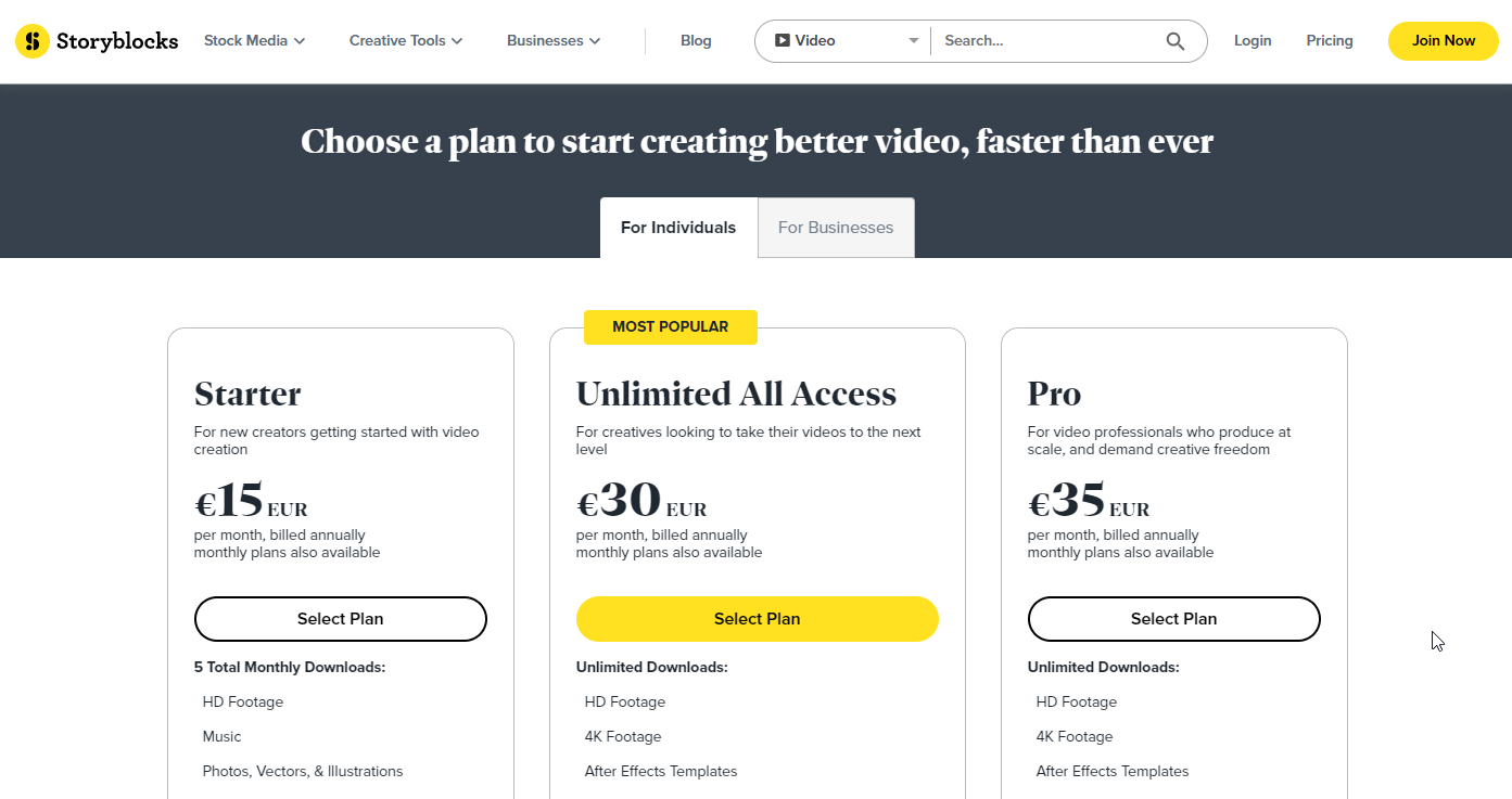 Storyblocks pricing plans