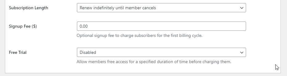 Subscription settings other three options