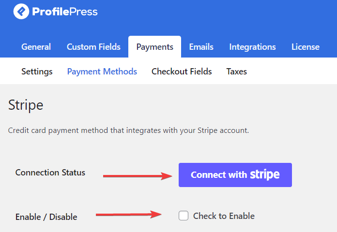 connecting site with stripe via profilepress