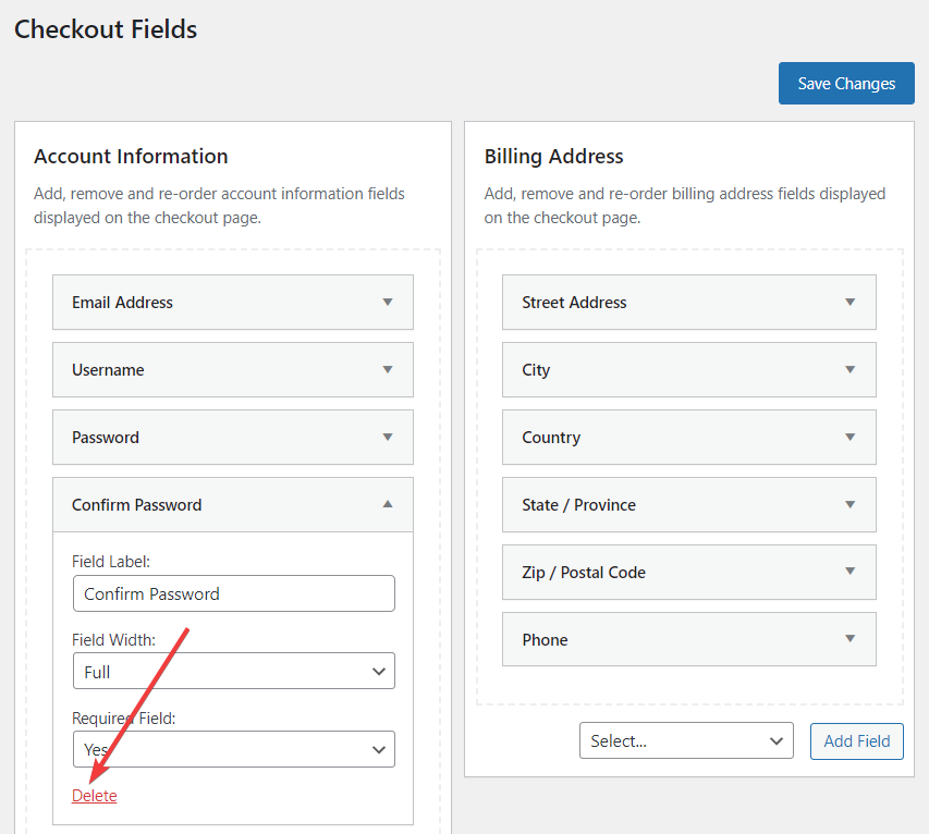 deleting checkout fields via profilepress