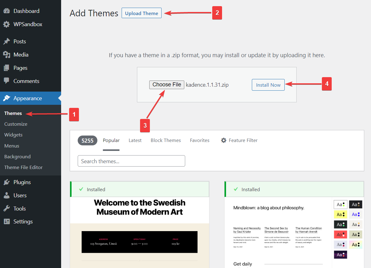 uploading wordpress theme