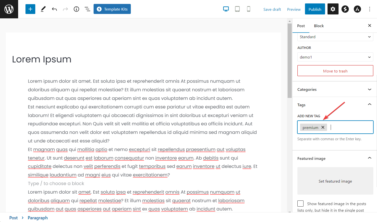 adding tag in gutenberg editor