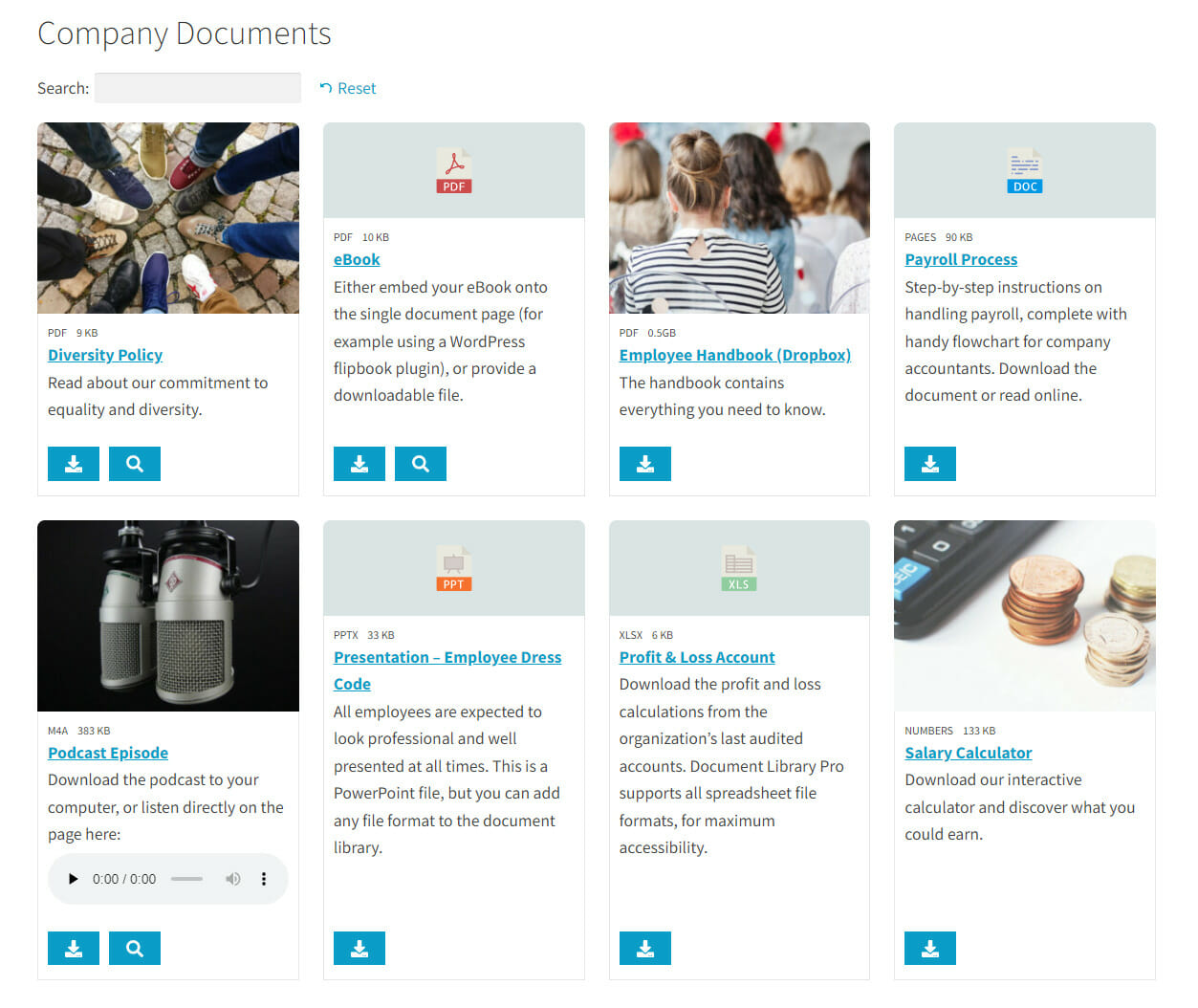 Public or private document library WordPress grid view