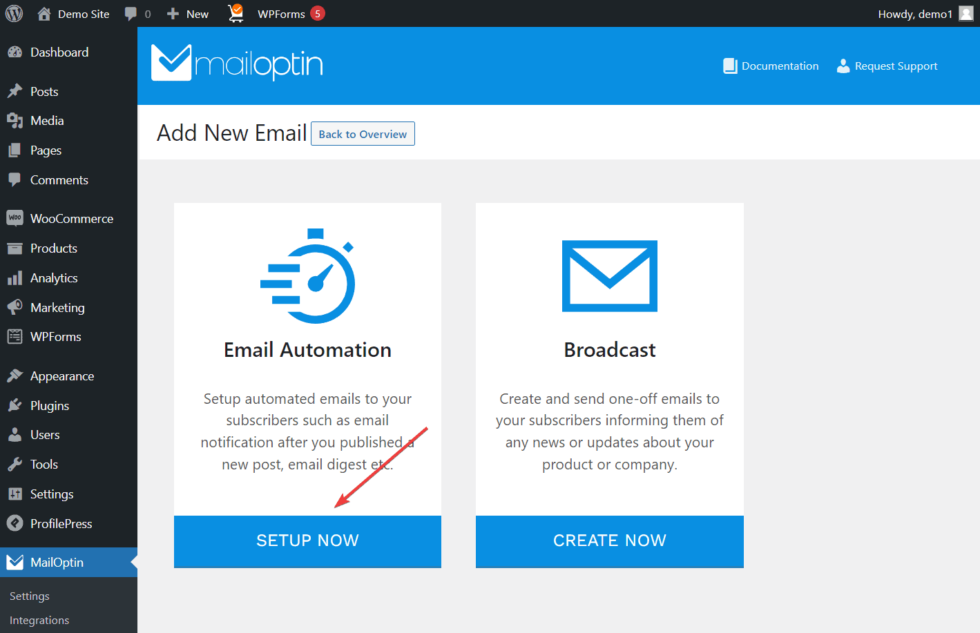 select email automation option mailoptin