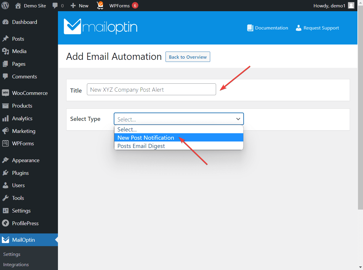 selecting new post notification option in mailoptin