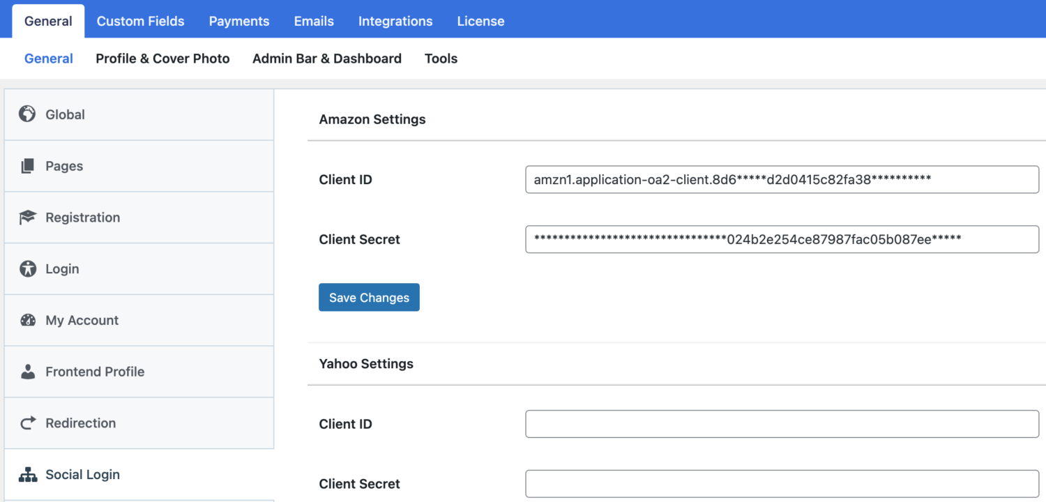 WordPress Login with Amazon settings