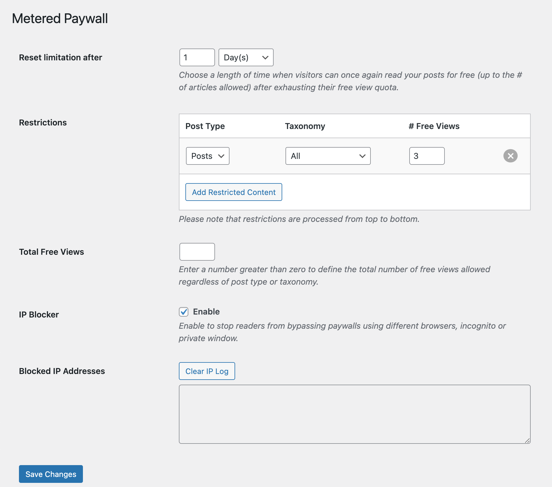 metered paywall all settings