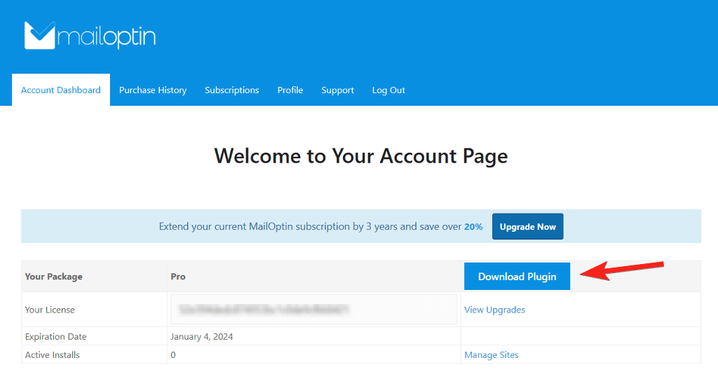 Download MailOptin from your account dashboard