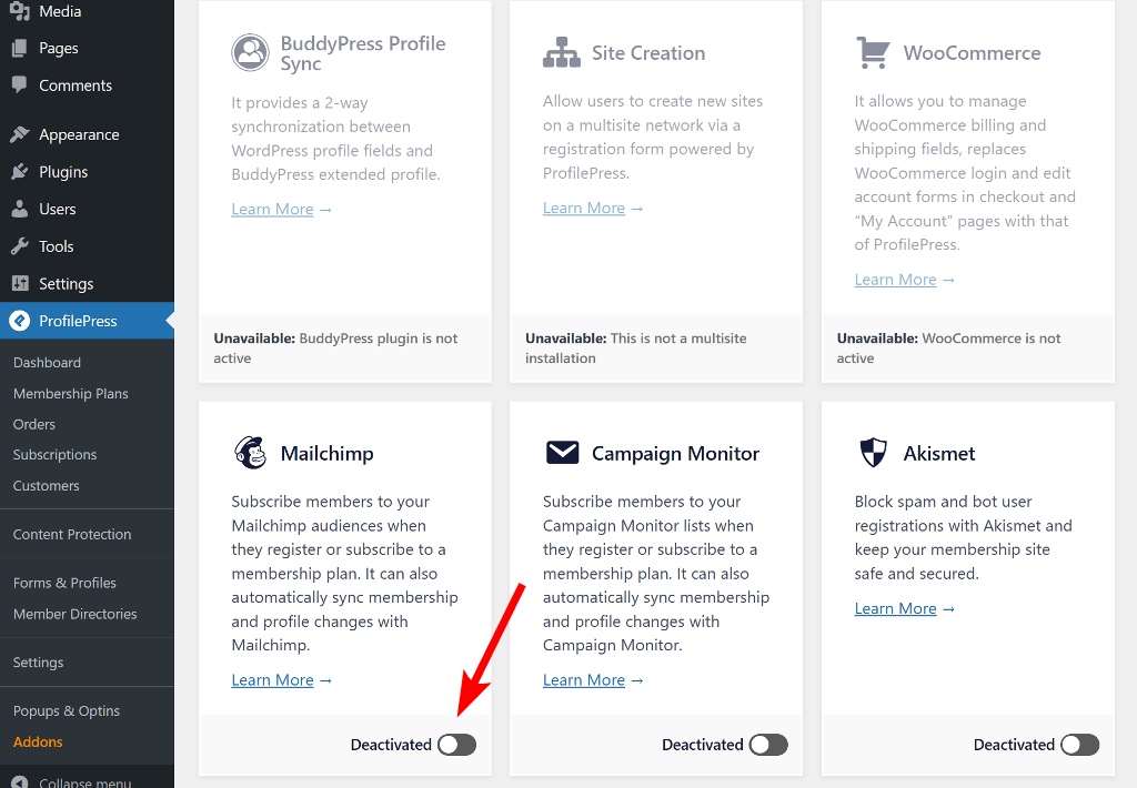 enable the Mailchimp addon
