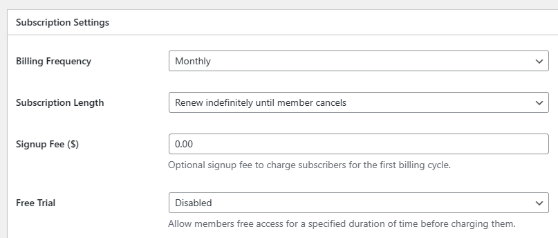 Subscription Settings Section