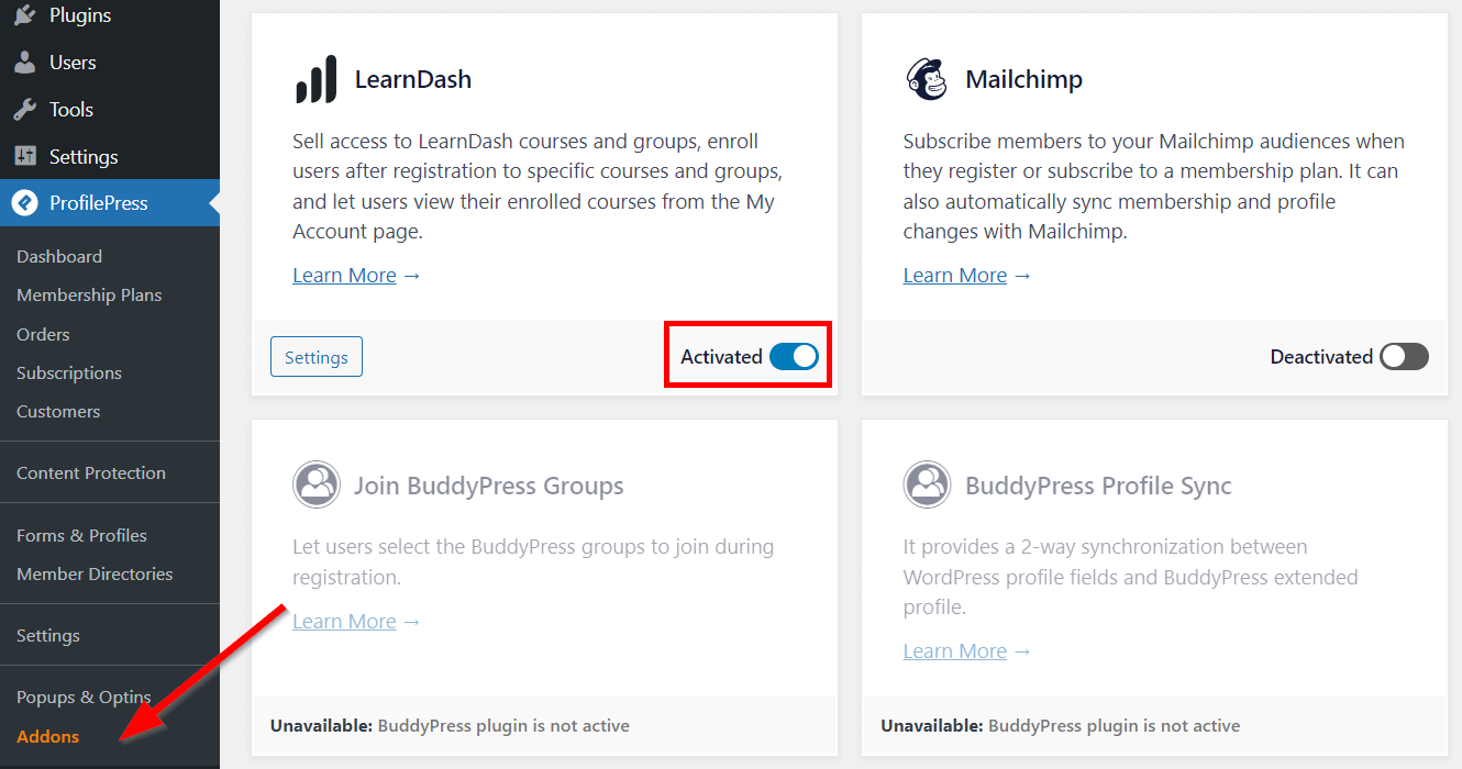 activate profilepress learndash addon