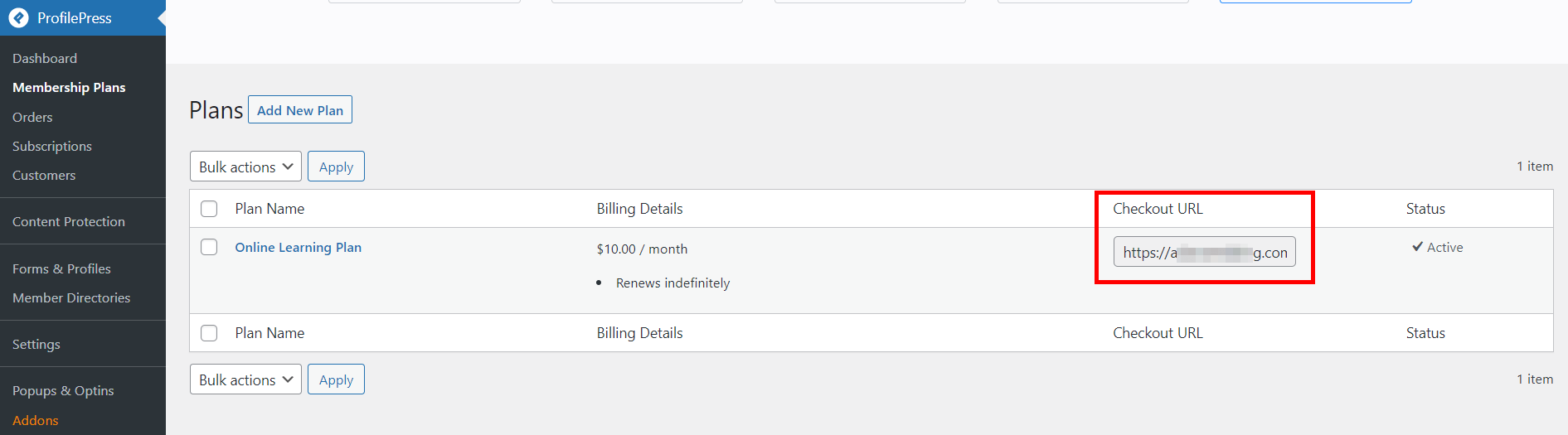copy profilepress membershipplan checkout url