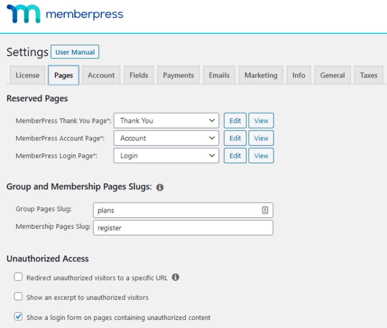 MemberPress settings page