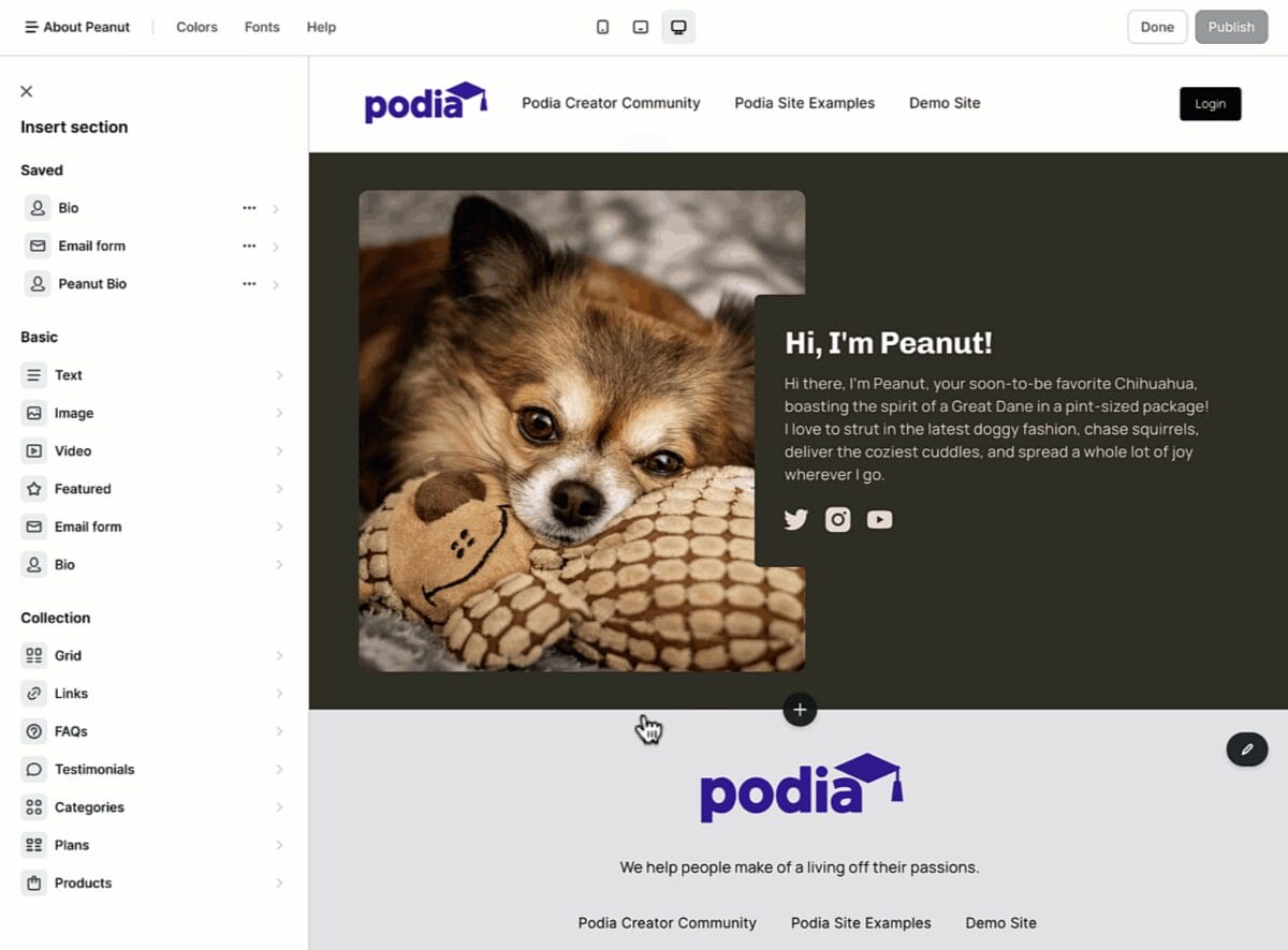 Podia drag and drop website builder