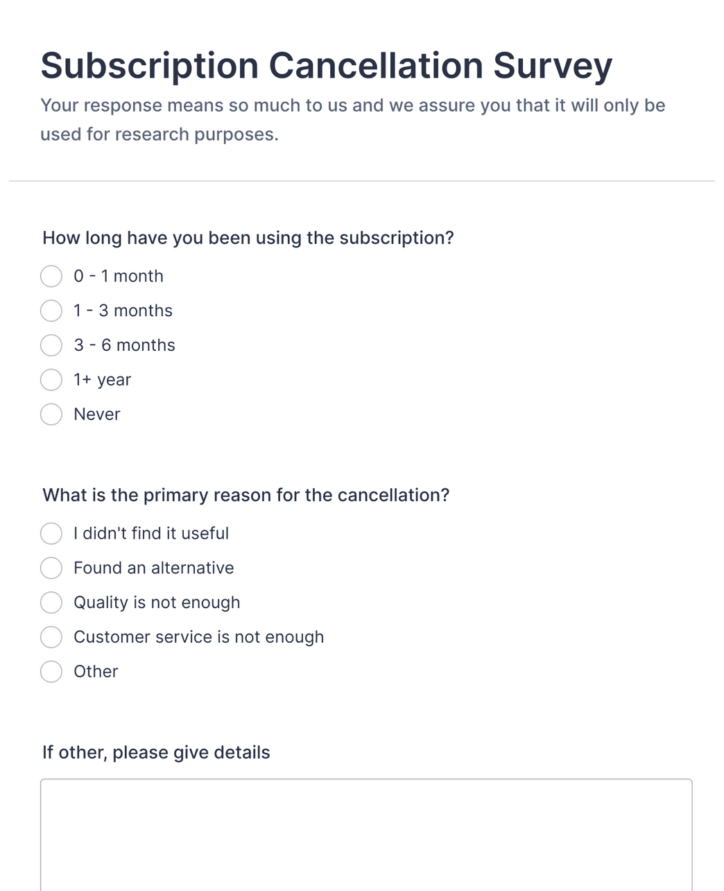 Example subscription cancellation survey