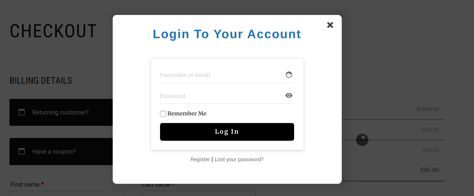 WooCommerce popup login form