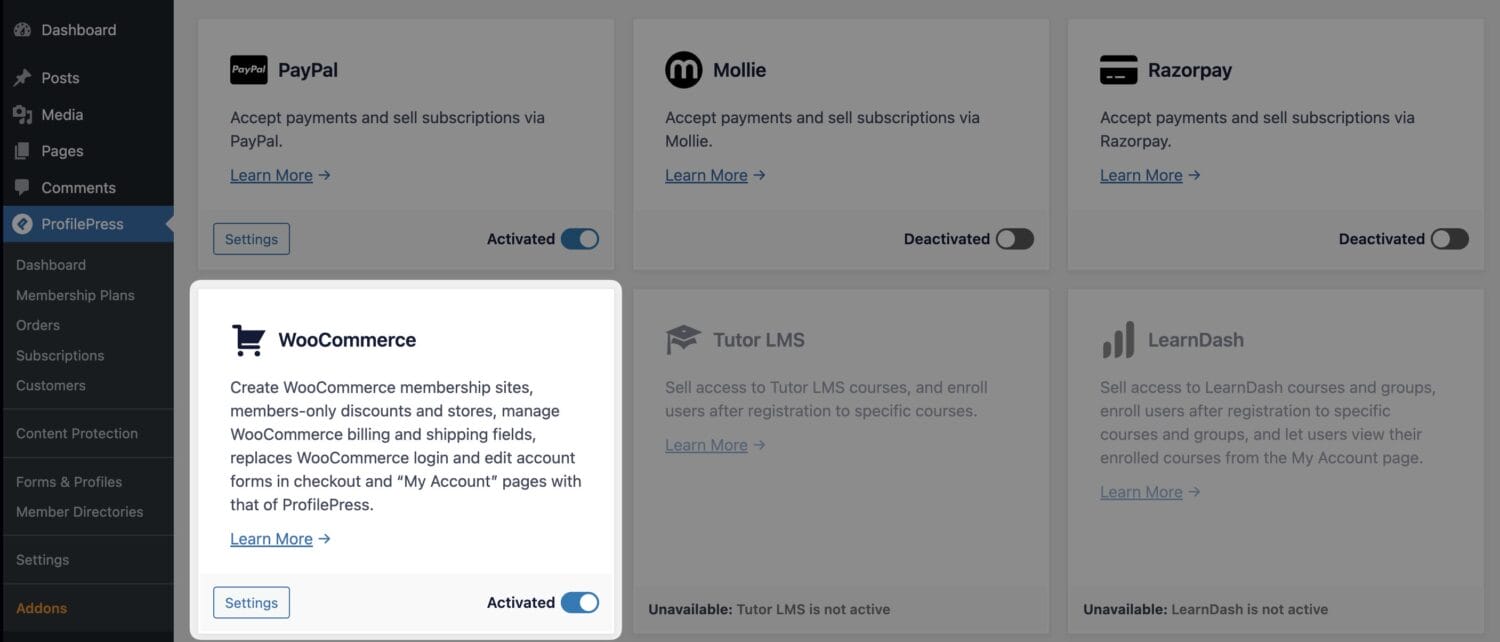 Enable WooCommerce addon in ProfilePress