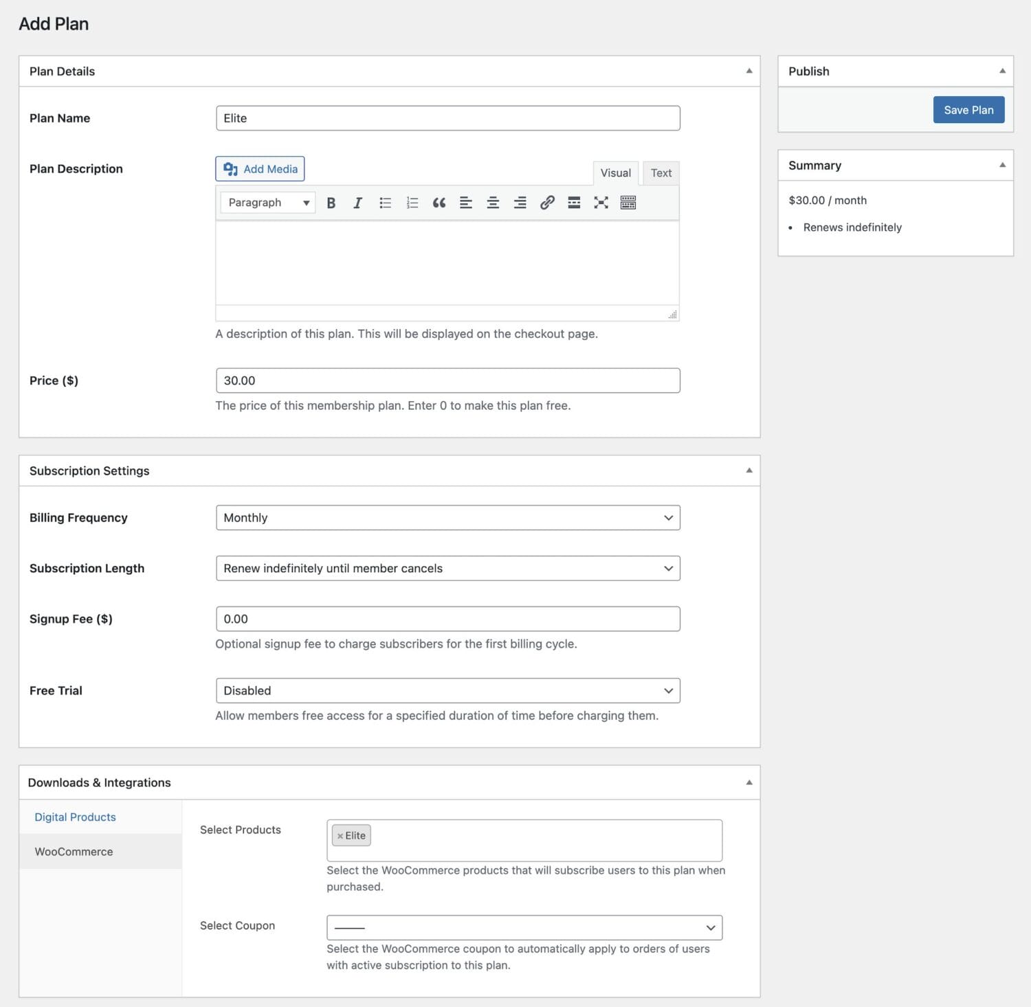 Create subscription plan for WooCommerce product