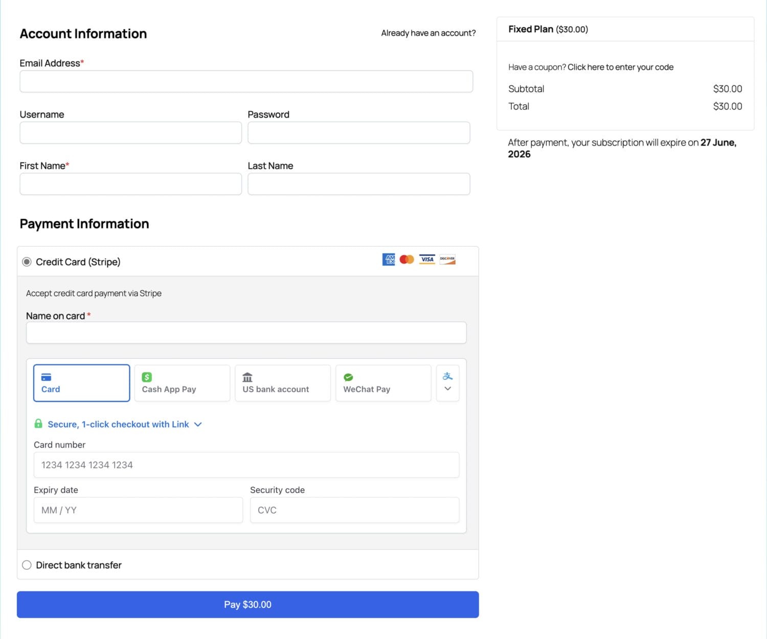 Fixed Subscription Expiration addon checkout demo