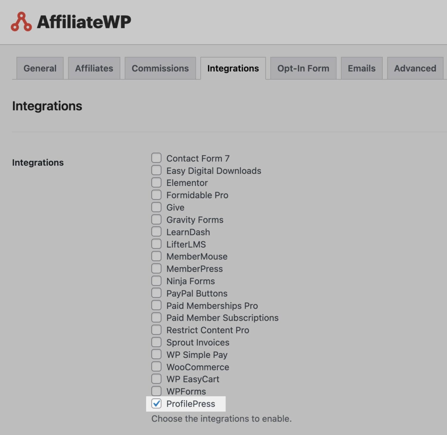 AffiliateWP integration settings featuring ProfilePress