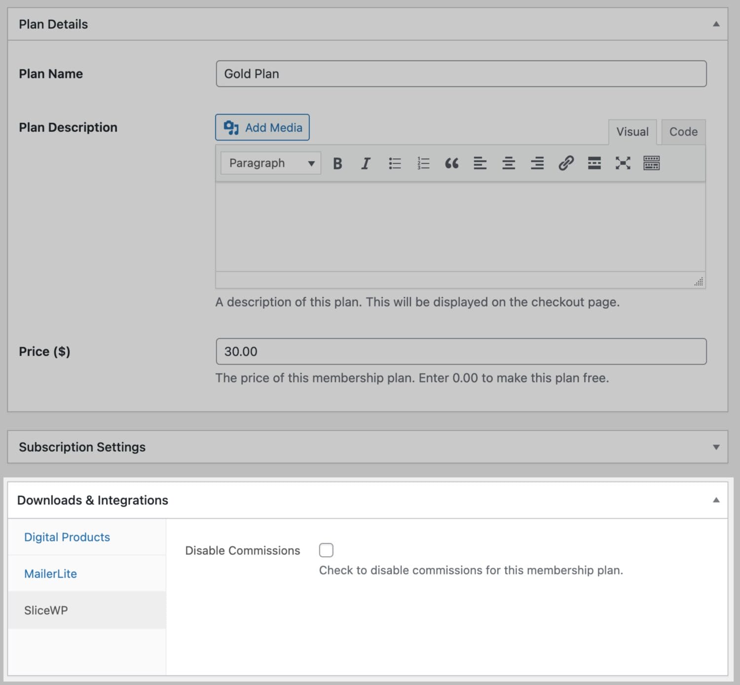 Disabling SliceWP commisions for specific memebership plan