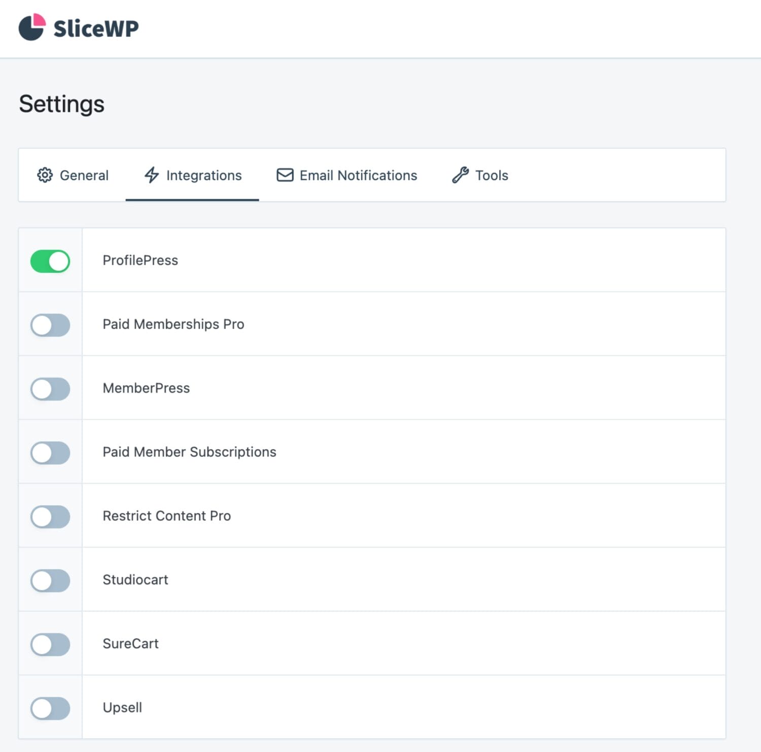 SliceWP integration settings featuring ProfilePress