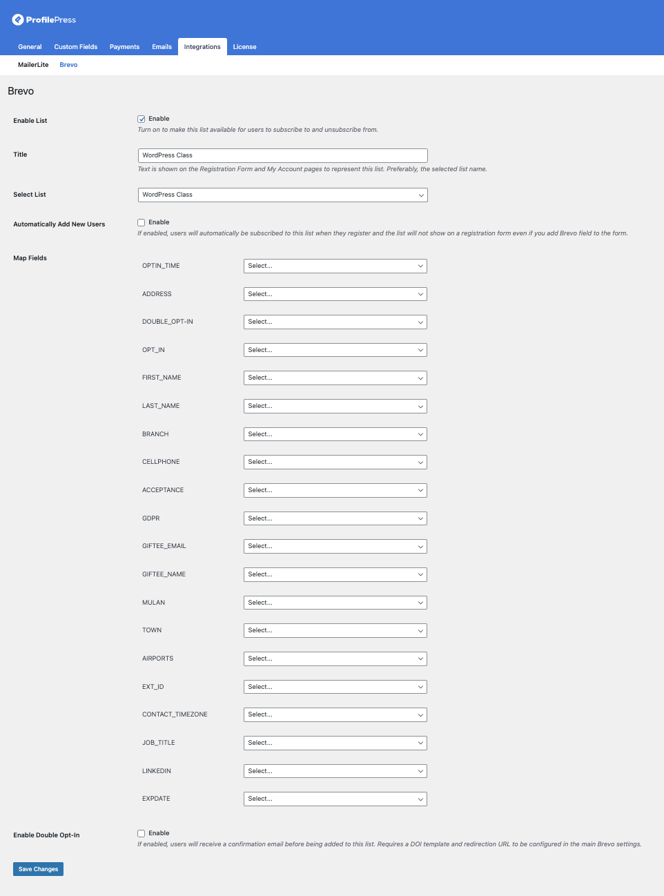 Adding a Brevo list in profilepress