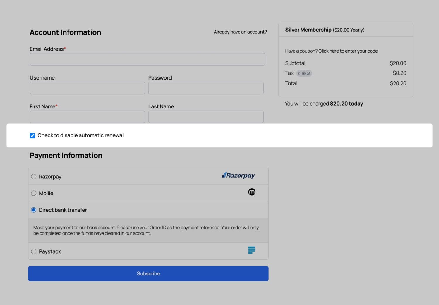 ProfilePress checkout with auto-renewal checkbox