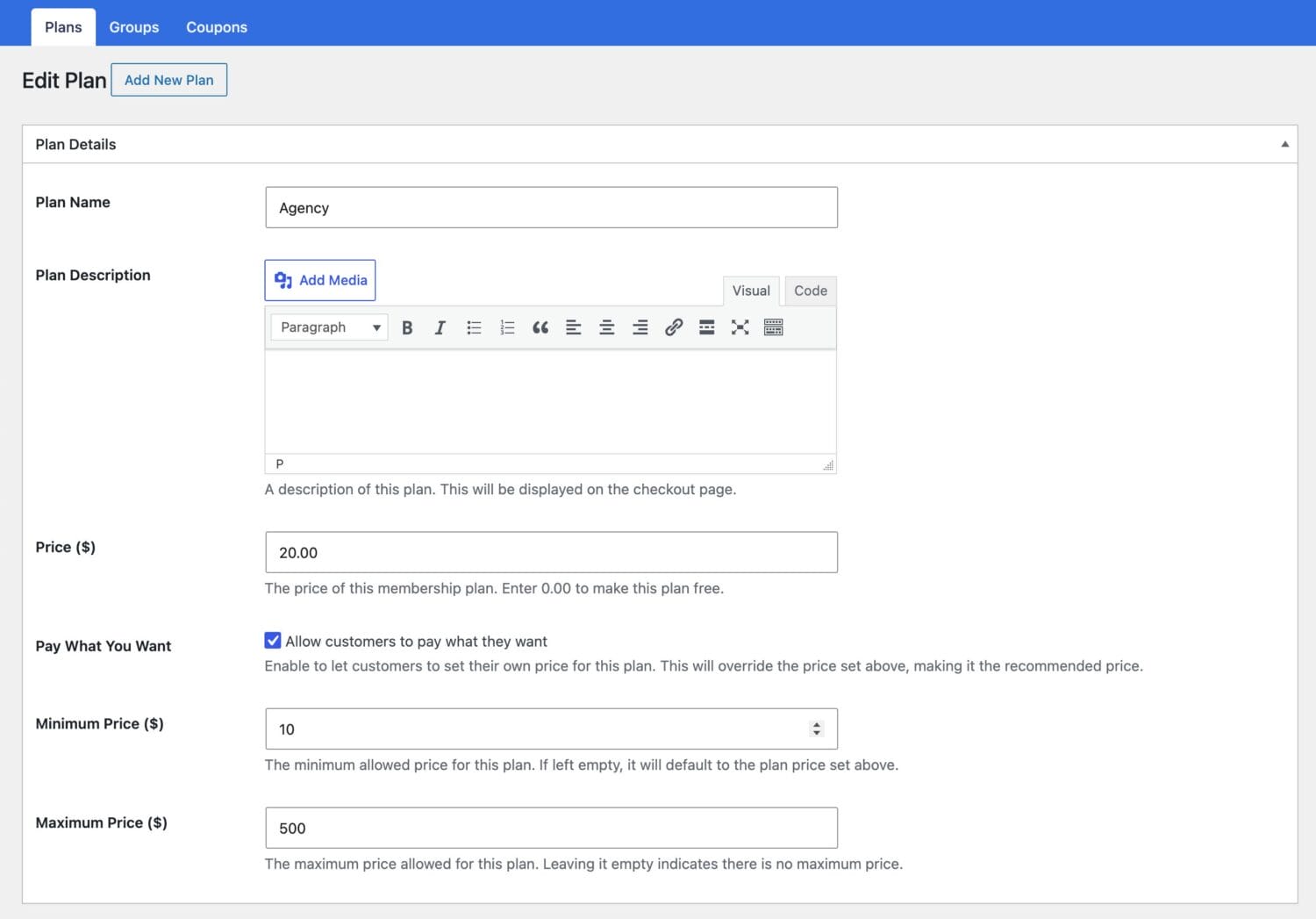 Pay What You Want Setup Settings