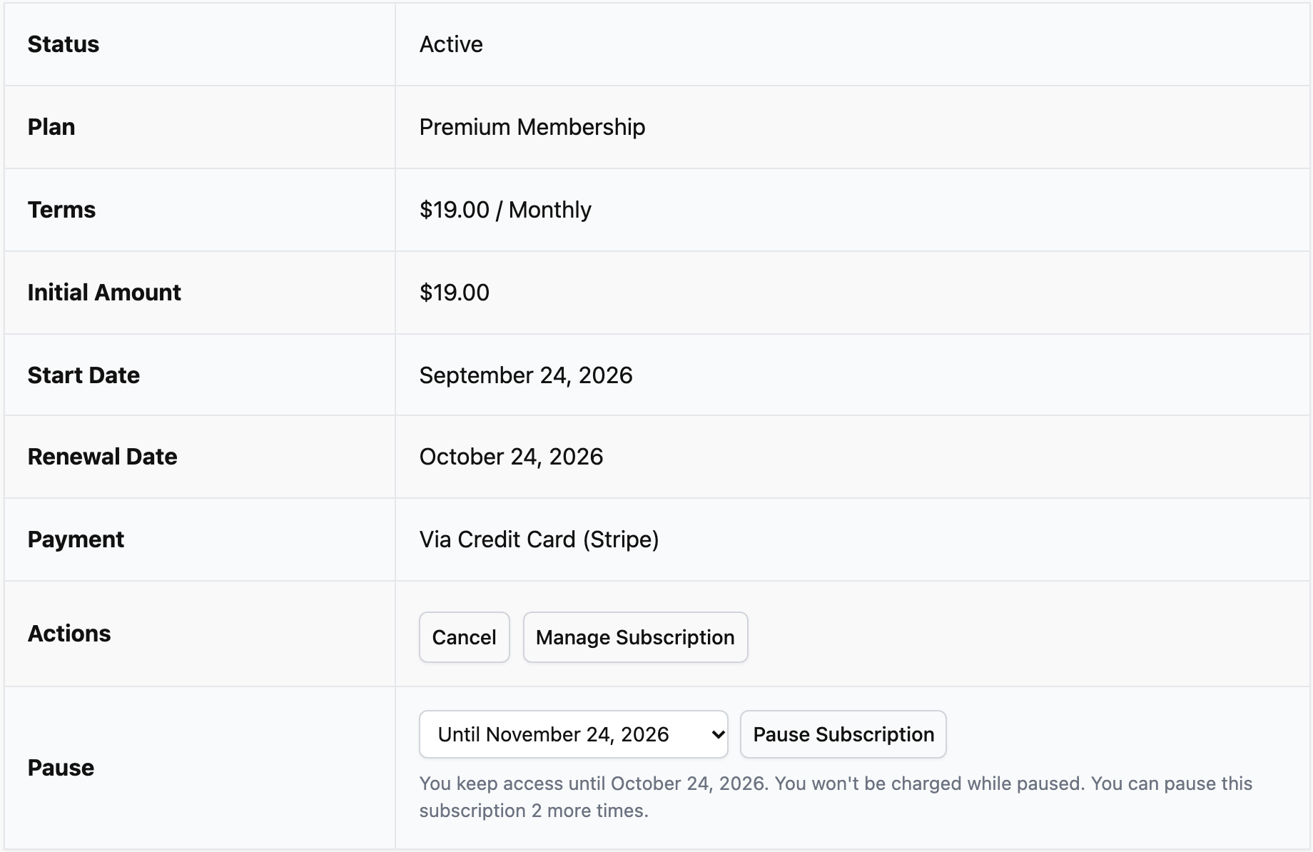 A member pausing their Stripe subscription from My Account