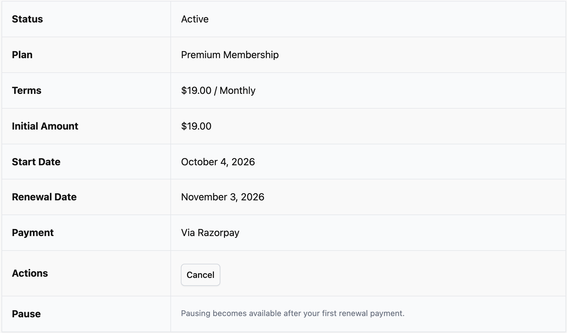 Razorpay subscriptions can be paused after the first renewal payment