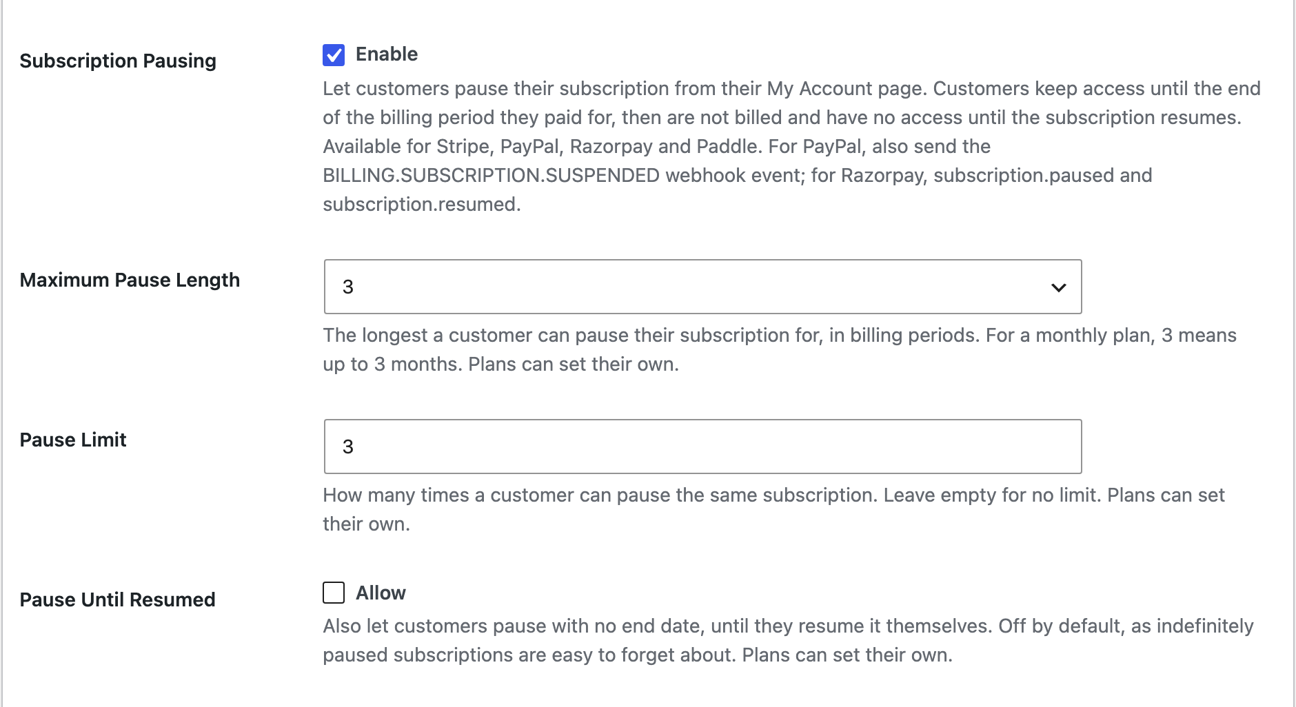 Subscription Pausing settings