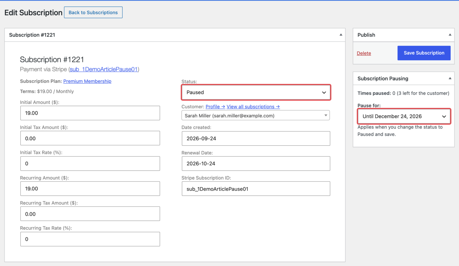 Pausing a subscription from the WordPress admin